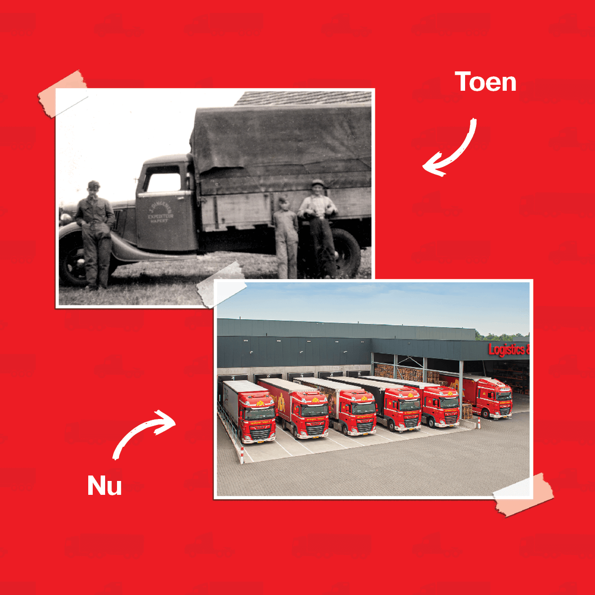 Vergelijkingsafbeelding van het wagenpark van VDT 85 jaar geleden vs 2022